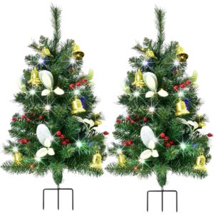 Hoyechi pre-lit outdoor Christmas trees with berries and bells (pair, 2ft 6in)