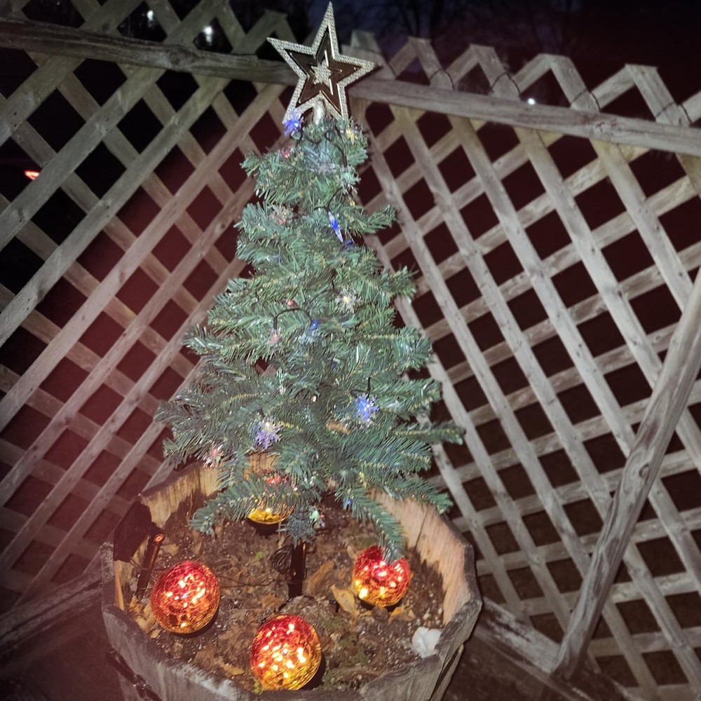 Customer display: Hugsvik solar outdoor Christmas trees with snowflake lights (pair, 110cm)