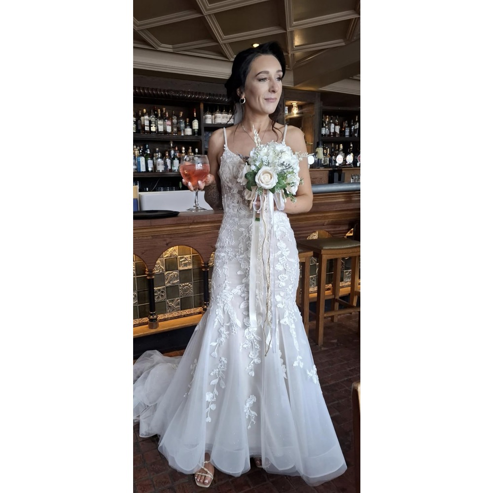 Customer photo: Ivory and champagne artificial rose wedding bouquet with lace ribbons