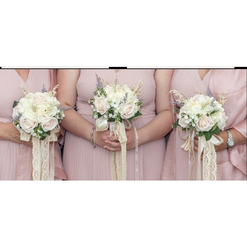 Customer photo: Ivory and champagne artificial rose wedding bouquet with lace ribbons