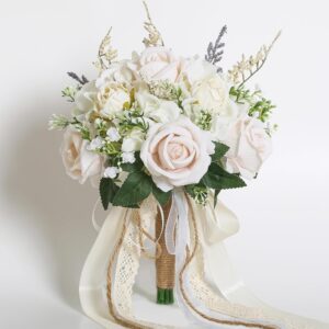 Ivory and champagne artificial rose wedding bouquet with lace ribbons
