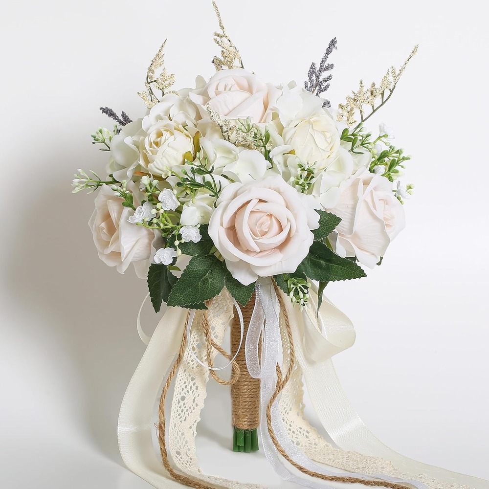 Ivory and champagne artificial rose wedding bouquet with lace ribbons