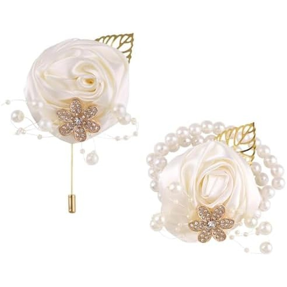 Ivory satin rose corsage and buttonhole with pearl and gold details