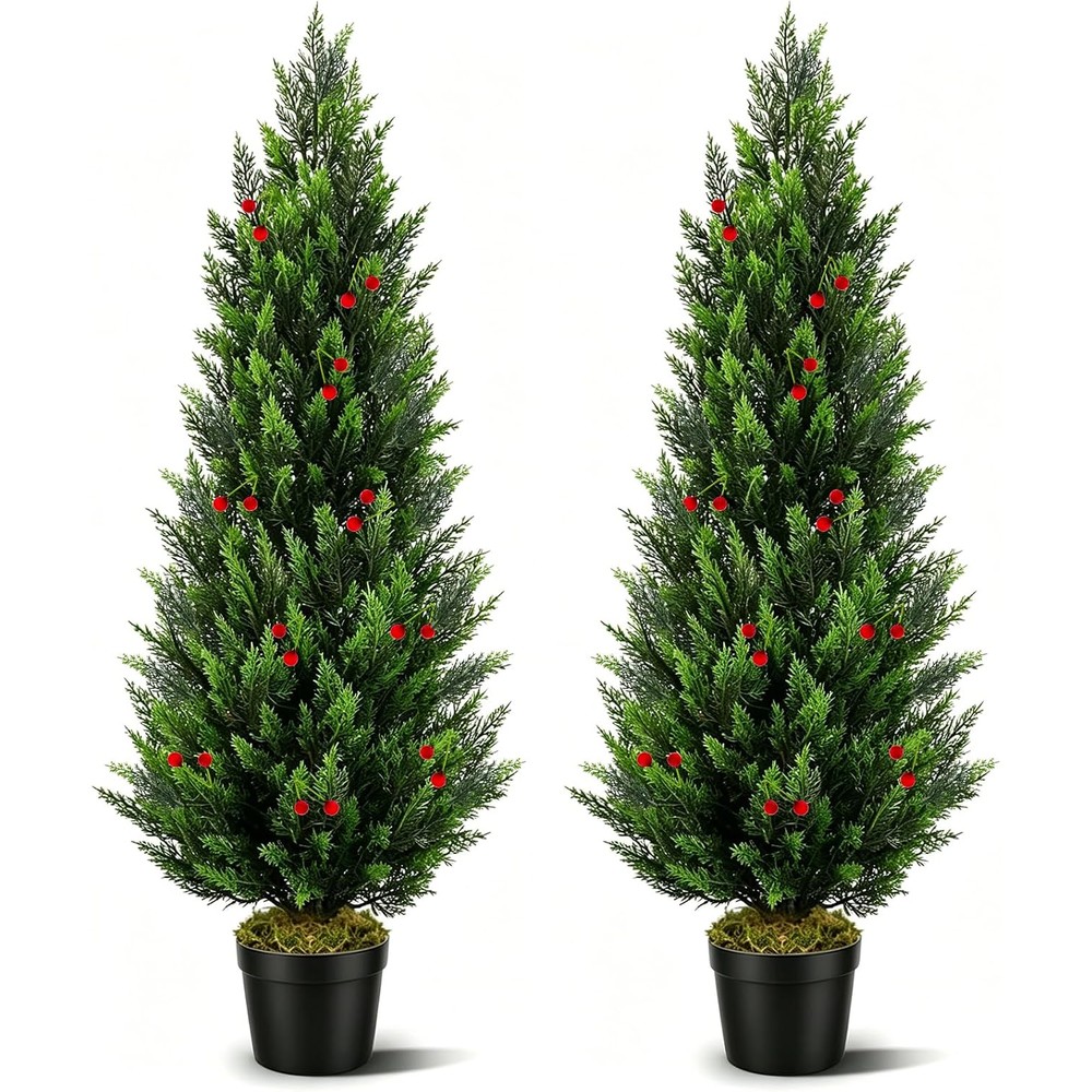 Karyllyd outdoor cedar Christmas trees with berry decorations (pair, 4ft)