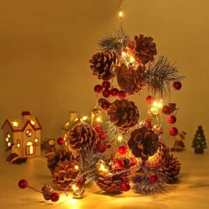 Kevizewo Christmas garland with pine cones, gold bells and lights (200cm)