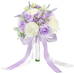 Lilac and ivory artificial rose bridal bouquet with calla lilies