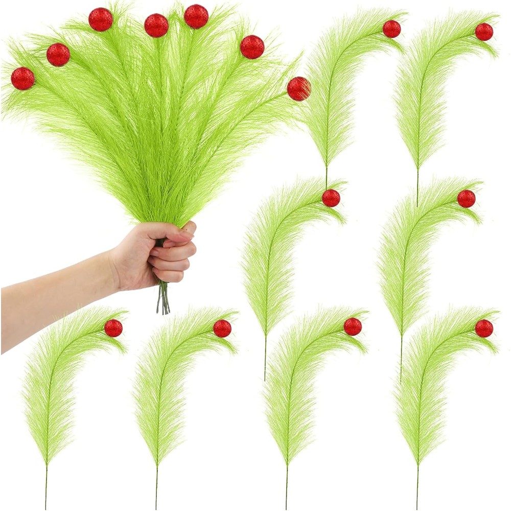 Lime green feather-style Christmas picks with red baubles (10 stems, 43cm)