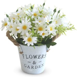 Mini white artificial daisies in a metal bucket (20cm)