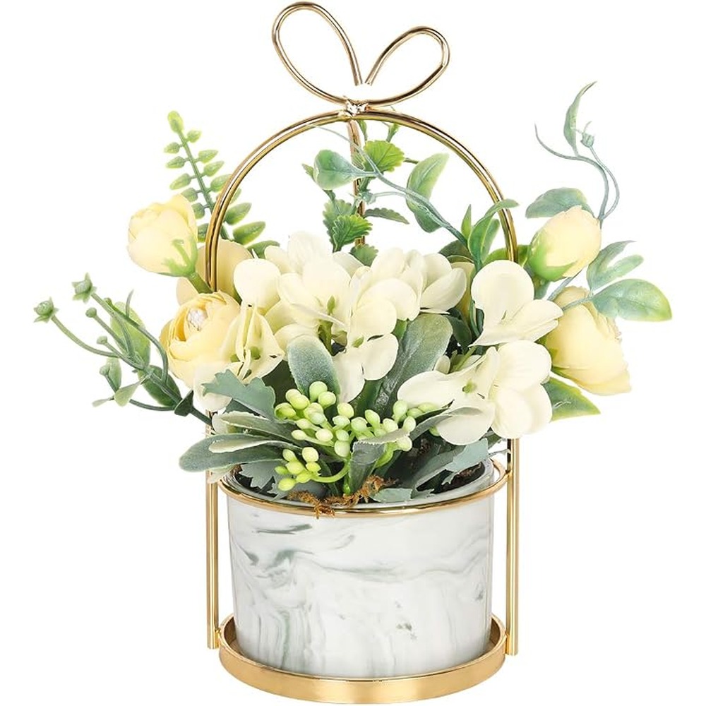 Mini yellow artificial flower arrangement in a marble-effect pot (21cm)