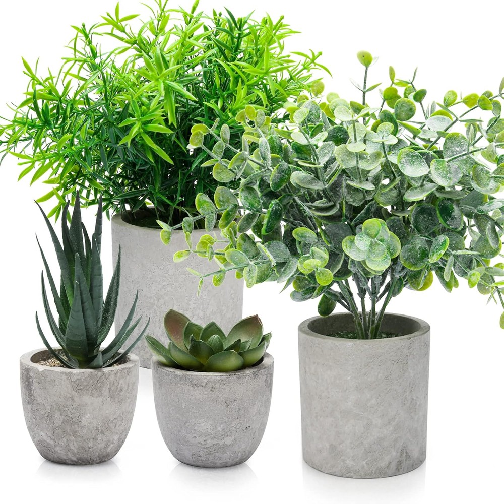 miniature artificial eucalyptus, rosemary and succulents (set of 4)