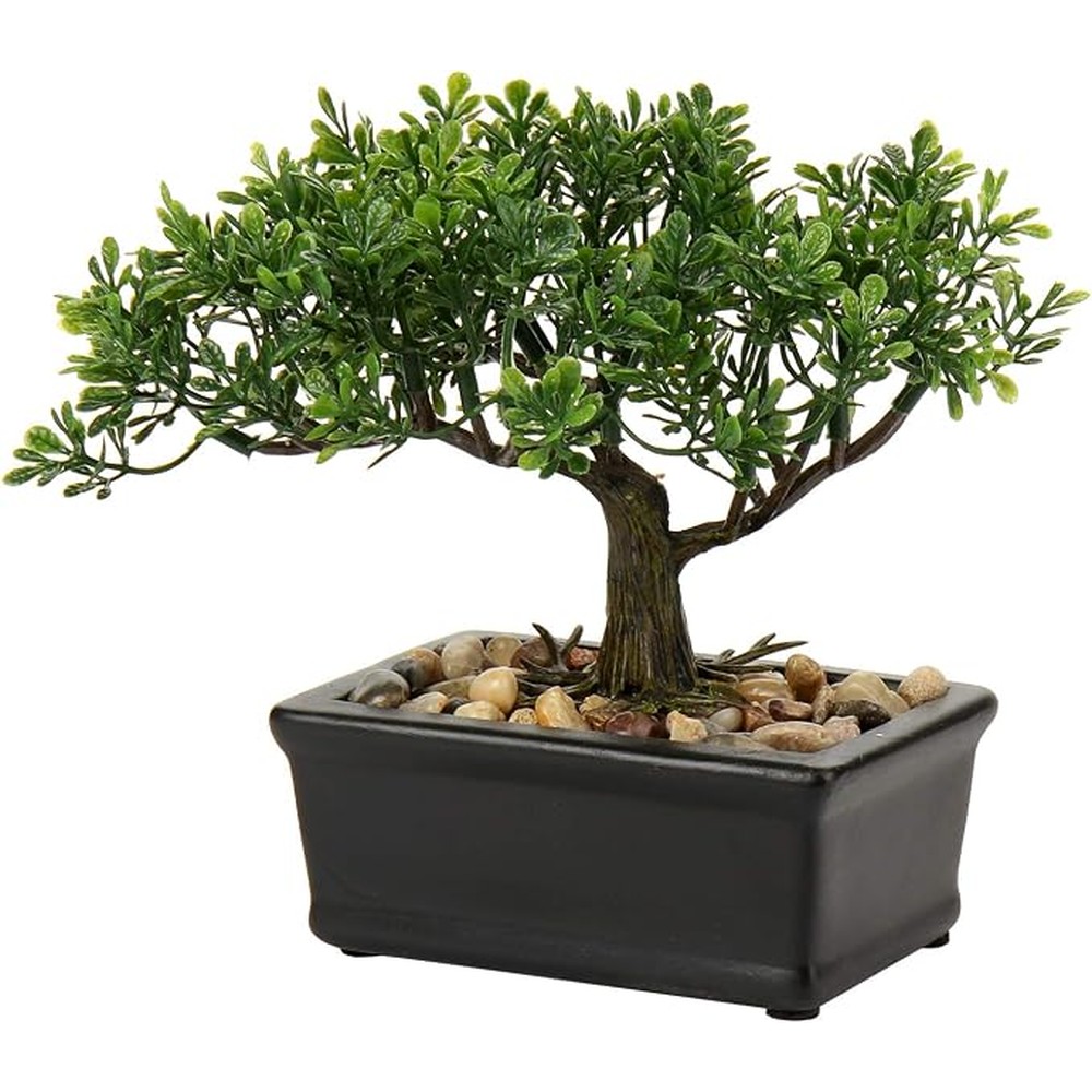 Miniature artificial ficus bonsai in a rectangular ceramic pot (16.5cm)