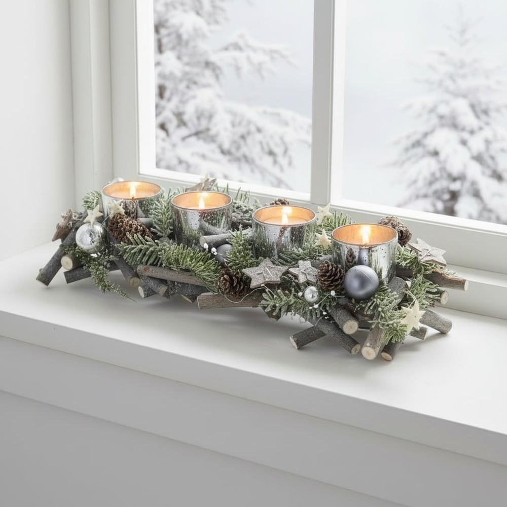 Mr Crimbo frosted woodland four-candle centrepiece (40cm)