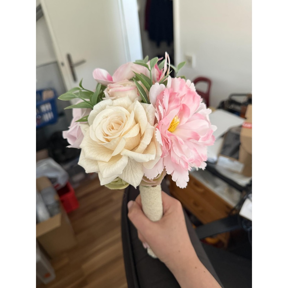 Customer photo: Pink and champagne artificial rose and peony wedding bouquet