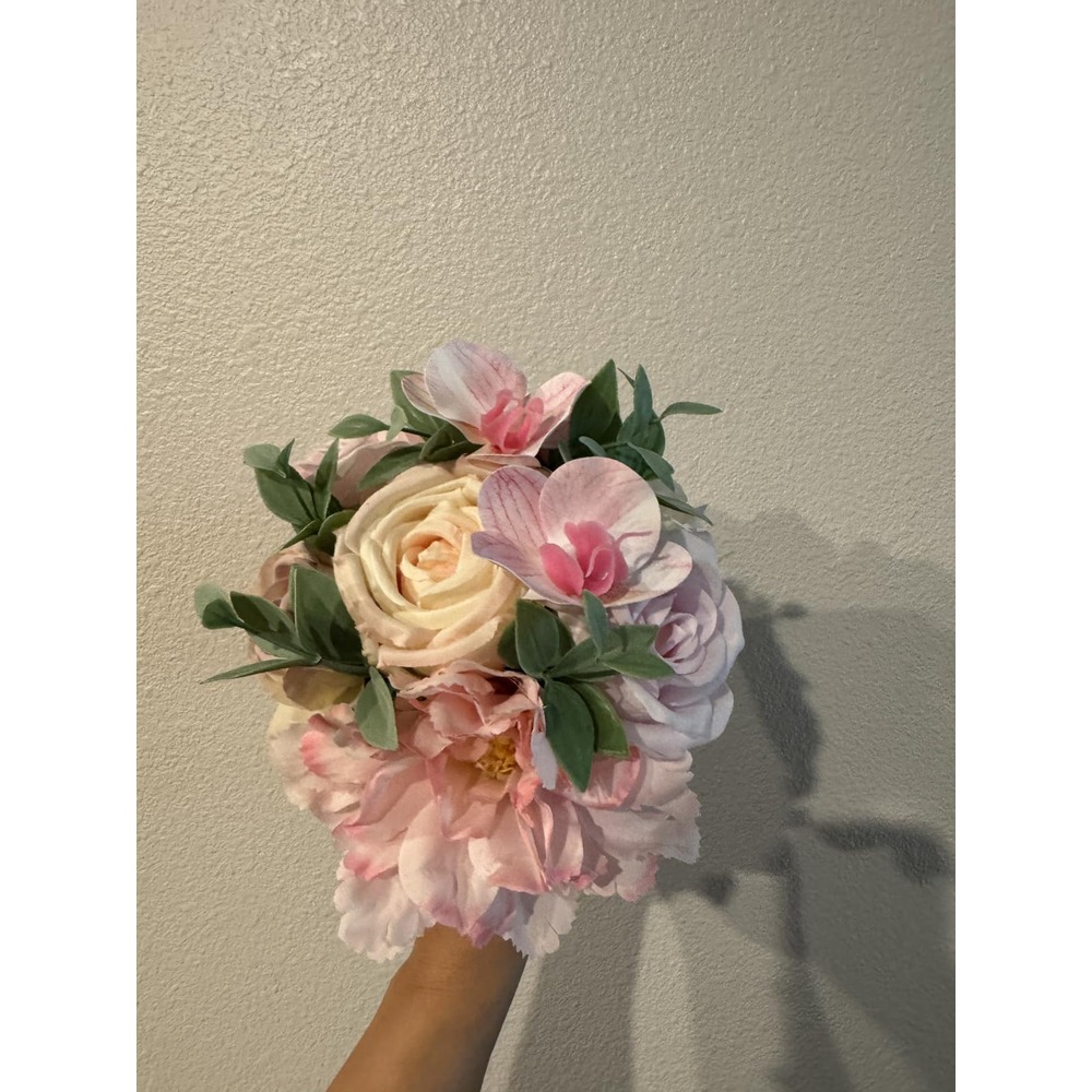 Customer photo: Pink and champagne artificial rose and peony wedding bouquet