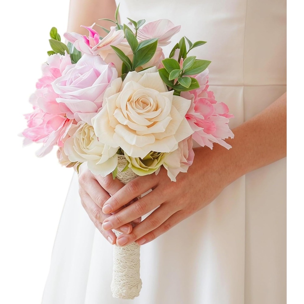 Pink and champagne artificial rose and peony wedding bouquet