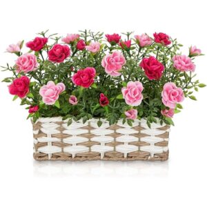 Pink artificial rose arrangement in a woven basket (22cm)