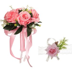 Pink artificial rose wedding bouquet and matching wrist flower