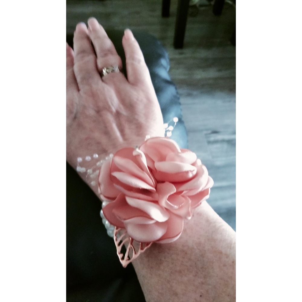 Customer photo: Pink satin rose wrist corsage with pearls and a gold leaf