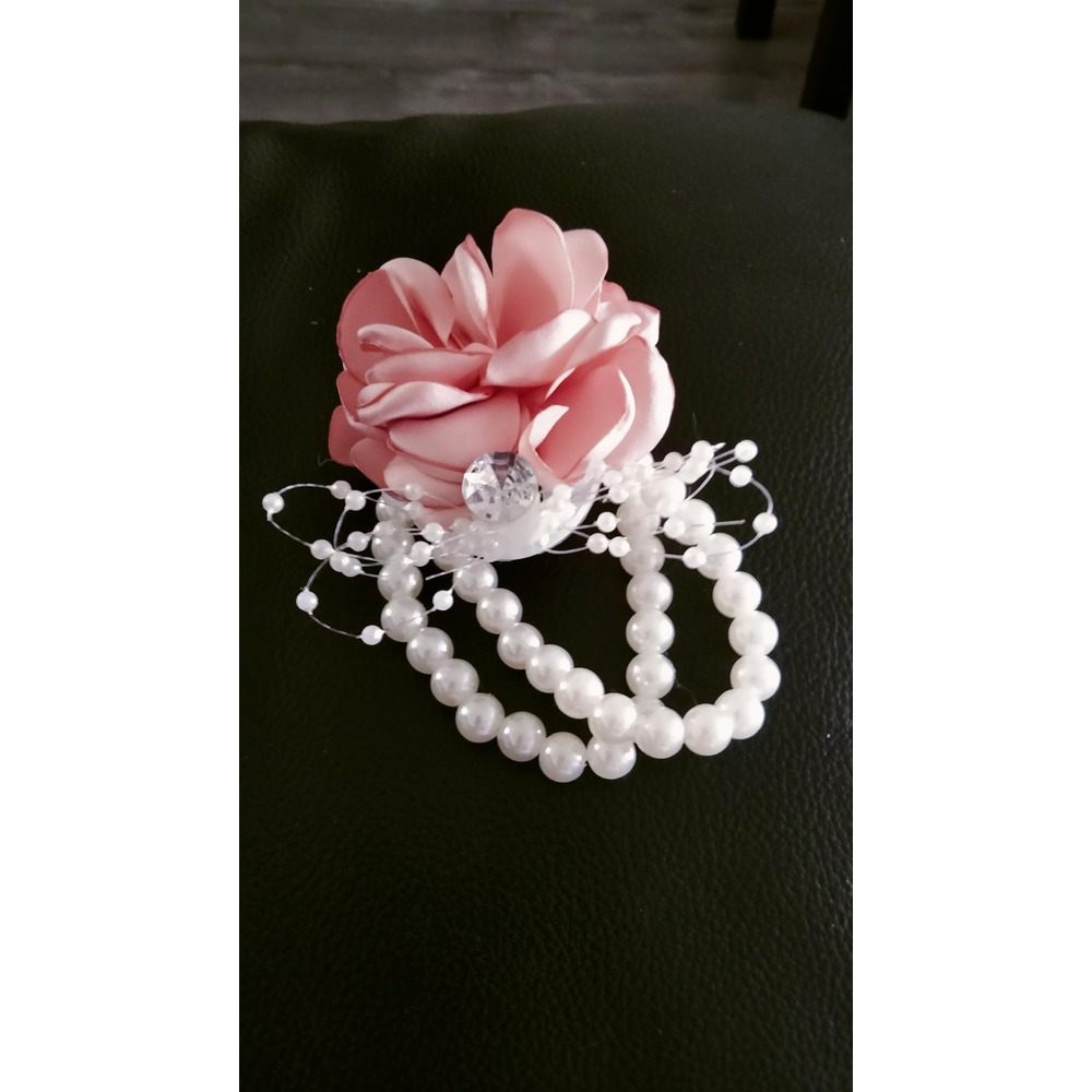 Customer photo: Pink satin rose wrist corsage with pearls and a gold leaf