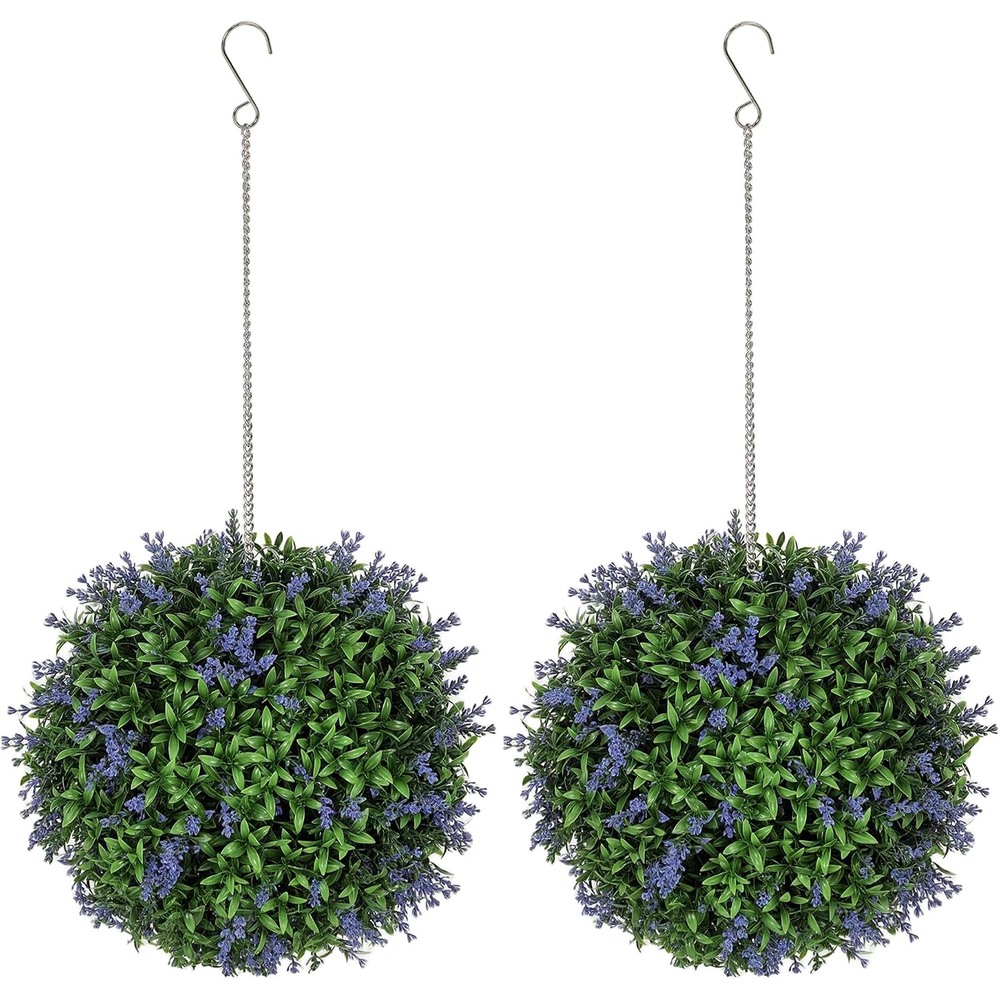 Purple lavender artificial topiary balls with chains (pair, 27cm)