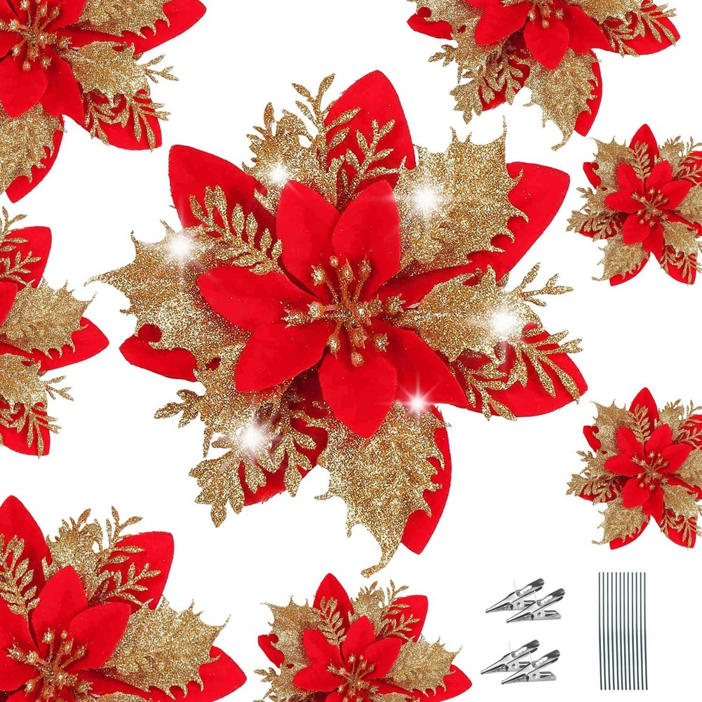 Red and gold glitter poinsettia Christmas picks (12 flowers, 14cm)