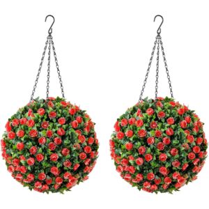 Red and white rose artificial topiary balls (pair, 28cm)