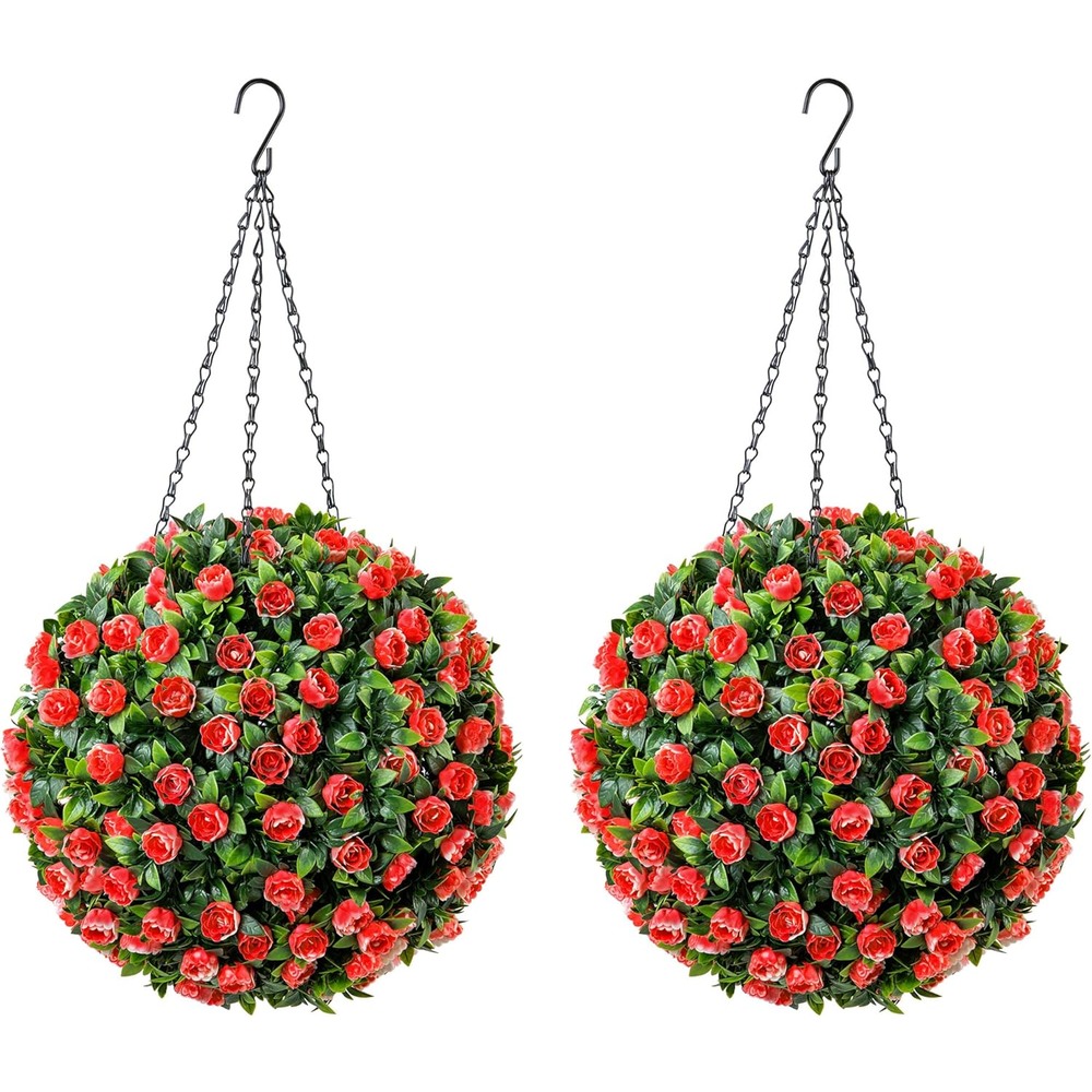 Red and white rose artificial topiary balls (pair, 28cm)