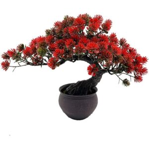 Red artificial pine bonsai with an overhanging canopy (24cm)