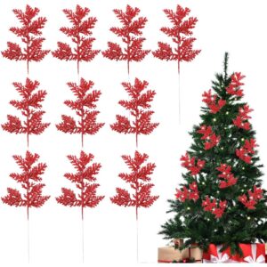 Red glitter pine leaf Christmas picks (10 stems, 21cm)