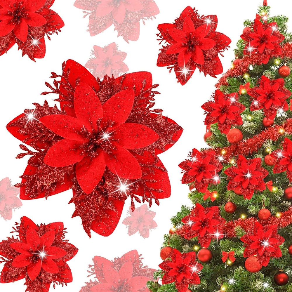 Red glitter poinsettia Christmas flowers with stems and clips (24 flowers, 14cm)