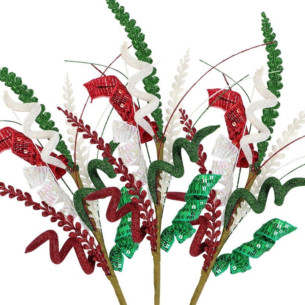 Red, green and white curly Christmas tree sprays (3 picks, 51cm)