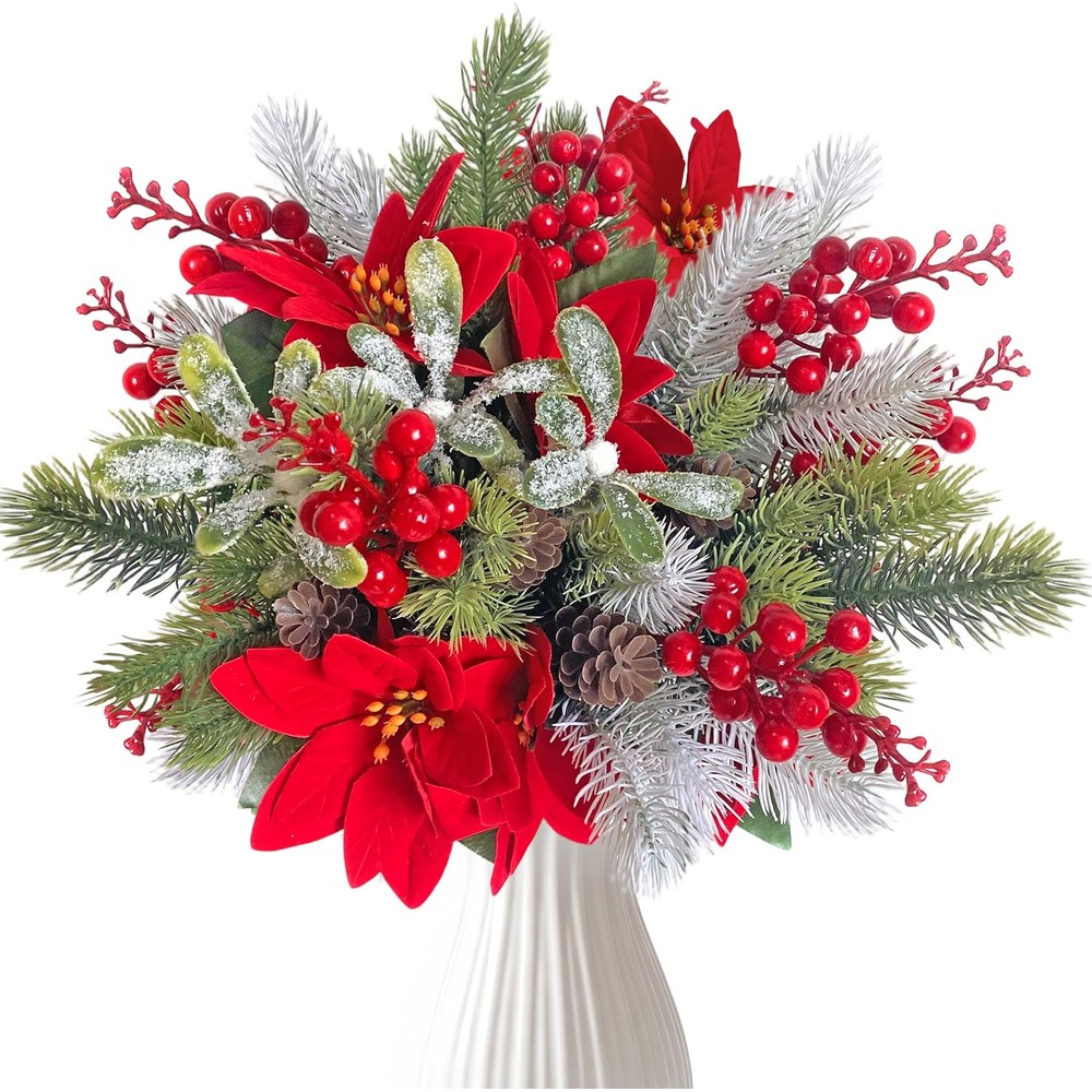 Red poinsettia and snowy foliage Christmas stems (five-piece set)