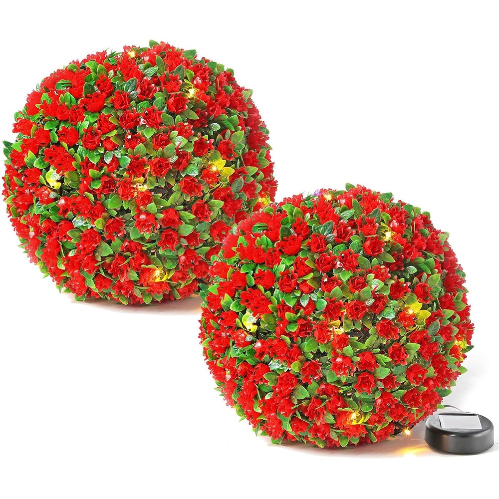 Red rose artificial topiary balls with solar lights (pair, 28cm)