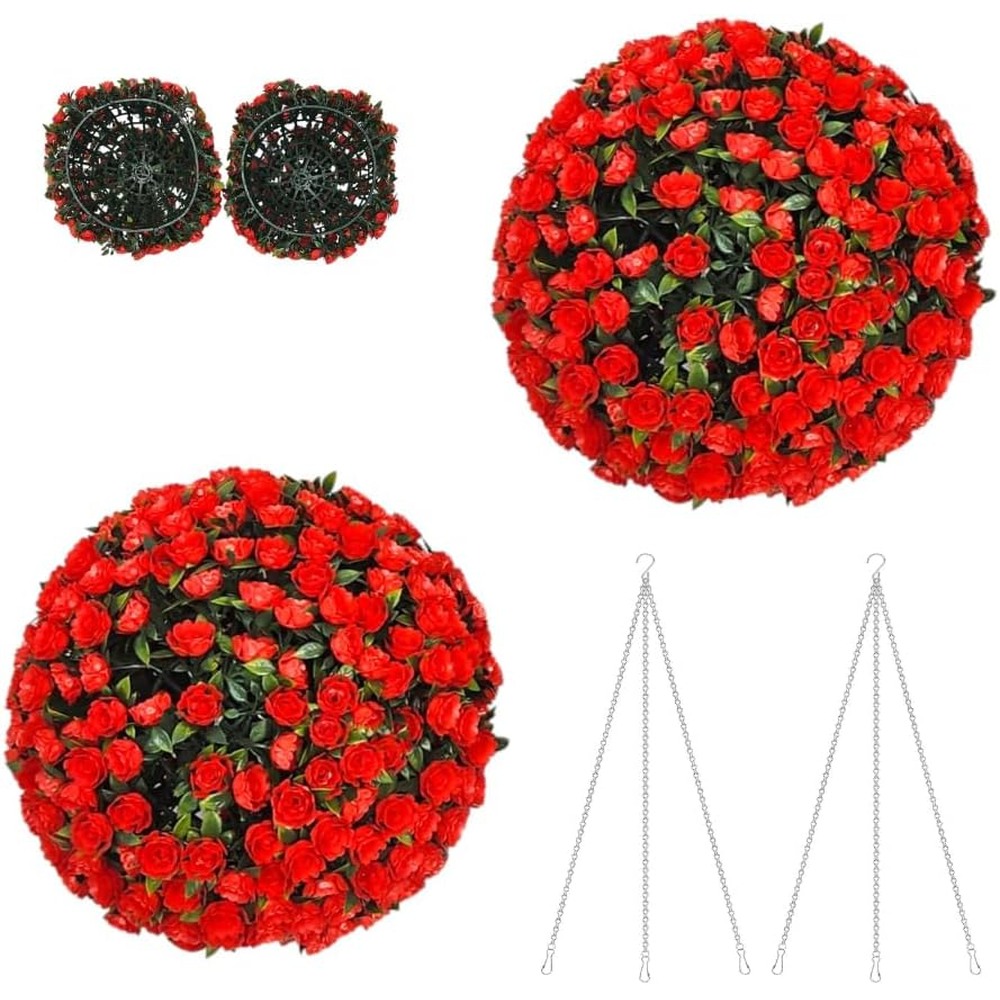 Rich red rose artificial hanging topiary balls (pair, 28cm)