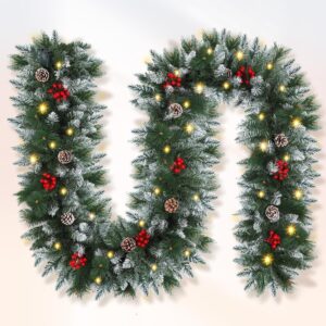 Shavingfun snowy pine and red berry Christmas garland with lights (270cm)