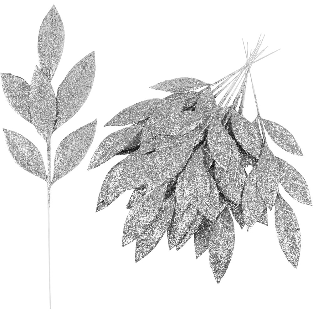 Silver glitter bay leaf Christmas sprays (12 stems)