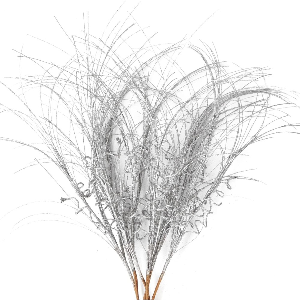 Silver glitter curly Christmas tree sprays (6 stems, 42cm)