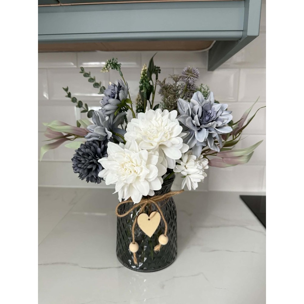 Customer display: Slate-blue and white artificial dahlia arrangement in a glass vase (35cm)