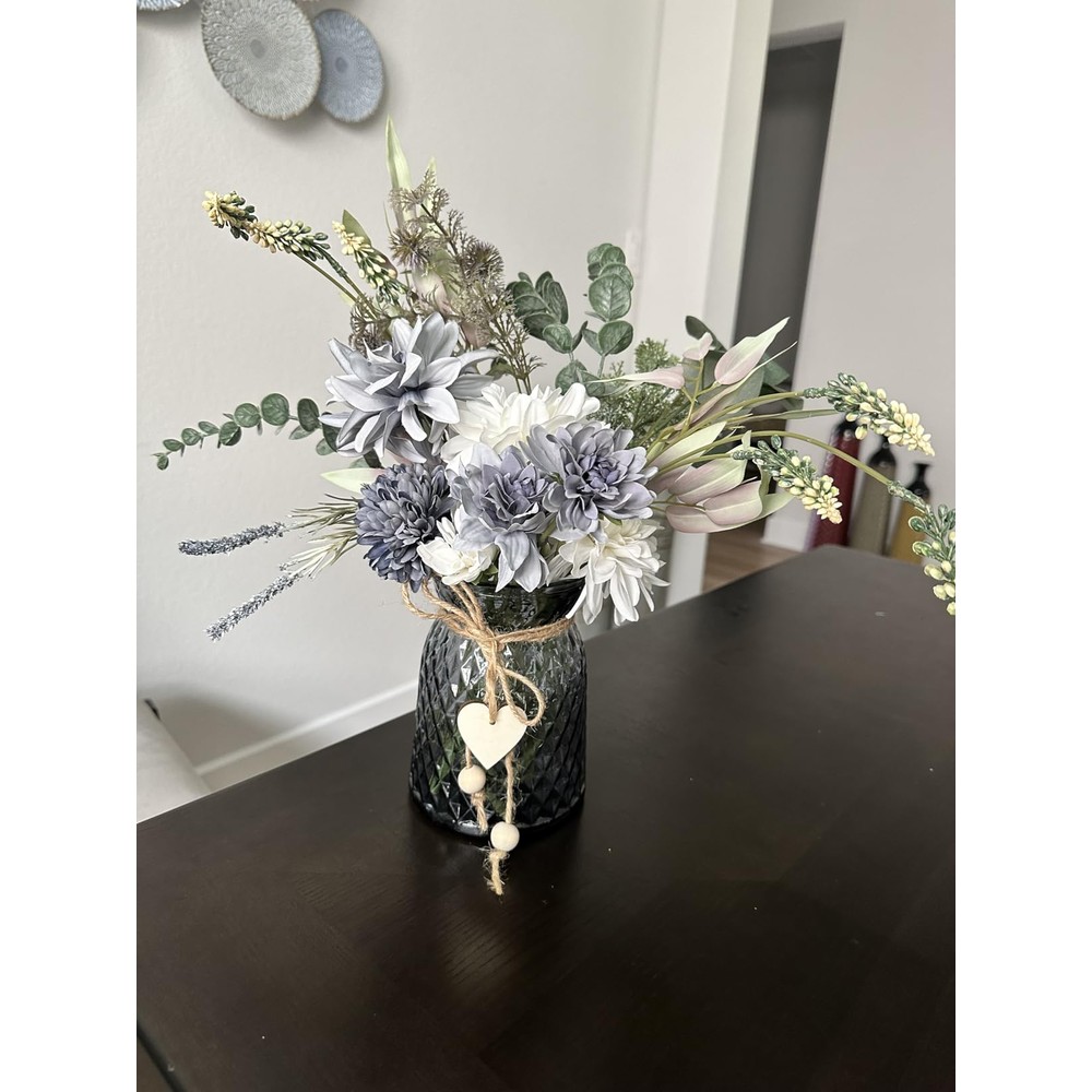 Customer display: Slate-blue and white artificial dahlia arrangement in a glass vase (35cm)