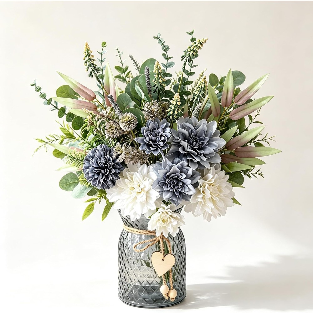Slate-blue and white artificial dahlia arrangement in a glass vase (35cm)