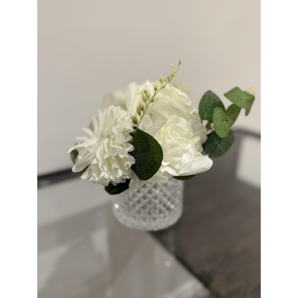 Small white artificial rose arrangements in glass vases (pair) - Image 2