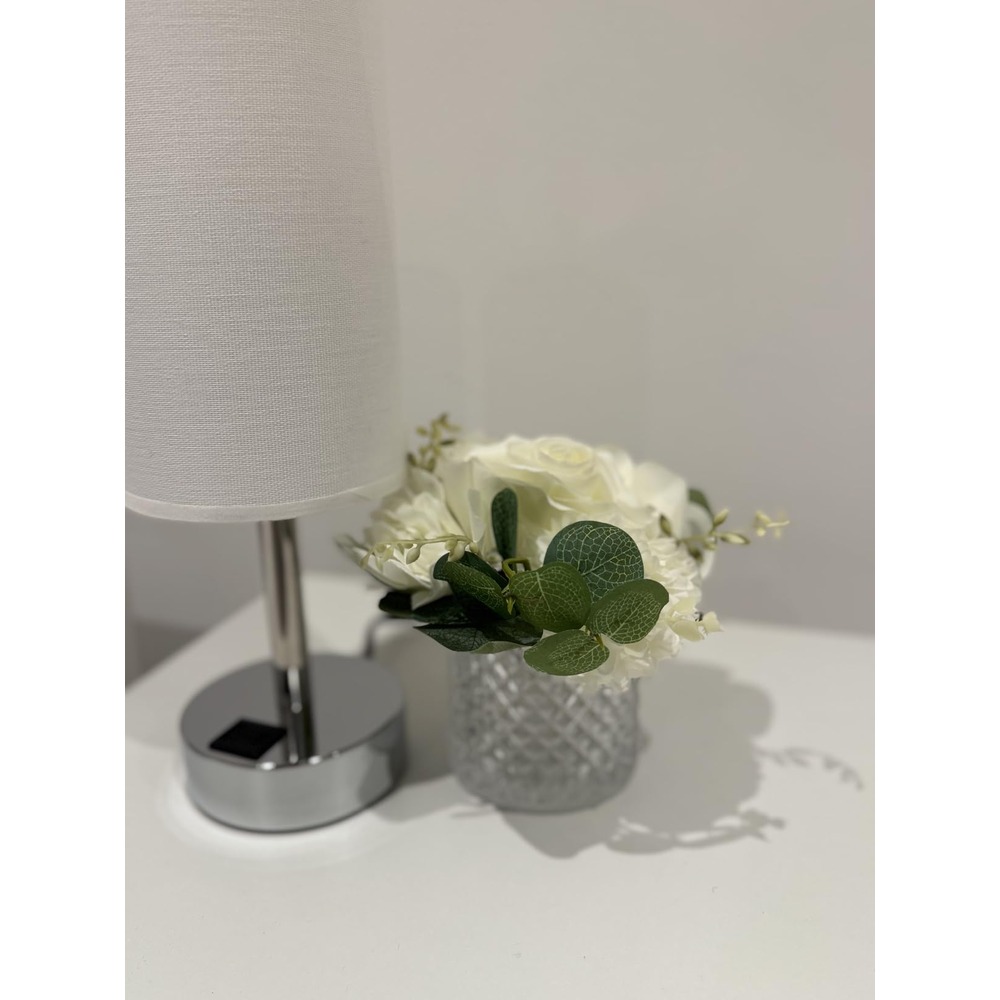 Small white artificial rose arrangements in glass vases (pair) - Image 3