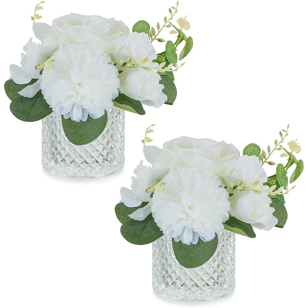 Small white artificial rose arrangements in glass vases (pair)