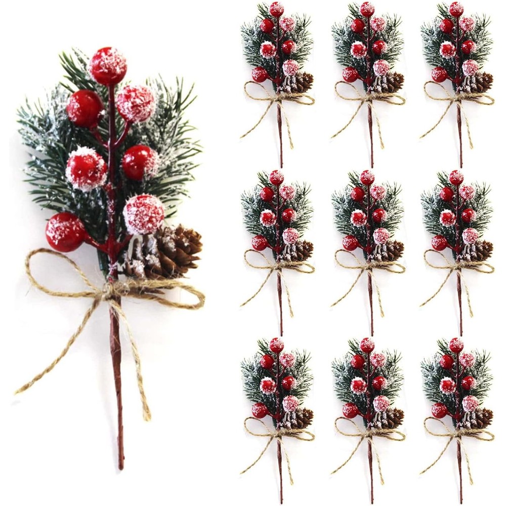 Snow-dusted red berry and pinecone picks with twine bows (10 stems, 20cm)