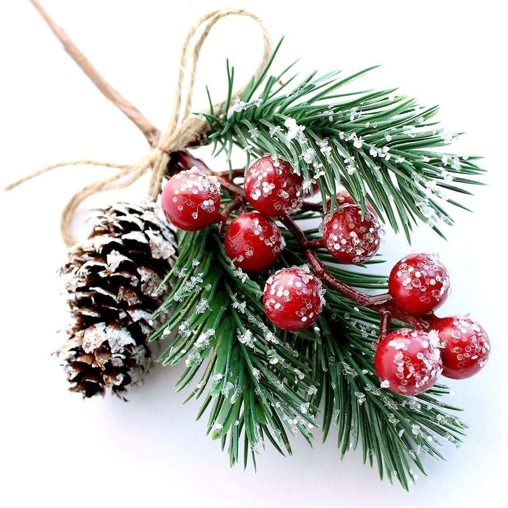 Snowy red berry and pinecone Christmas picks (10 stems, 19cm)