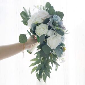 Soft blue and ivory cascading artificial rose bridal bouquet