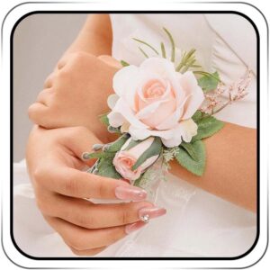 Soft pink artificial rose wrist corsages with ribbon ties (pair)
