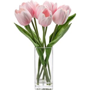 Soft pink artificial tulips in a clear glass vase (8 flowers, 31cm)
