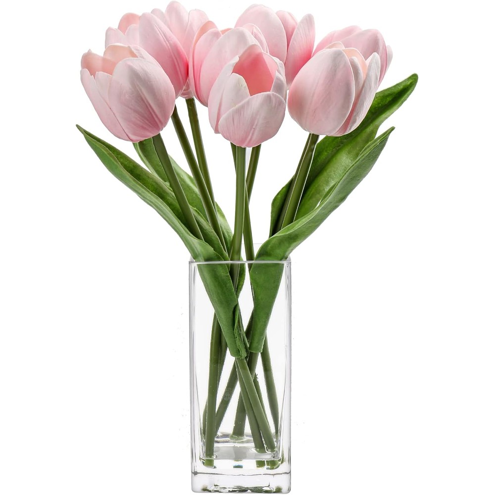 Soft pink artificial tulips in a clear glass vase (8 flowers, 31cm)