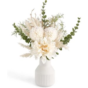 Soft white artificial dahlia and dandelion bouquet in a ceramic vase (35cm)